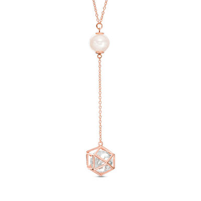 Freshwater Cultured Pearl and Lab-Created White Sapphire Cage Drop Necklace in Sterling Silver with 18K Rose Gold Plate