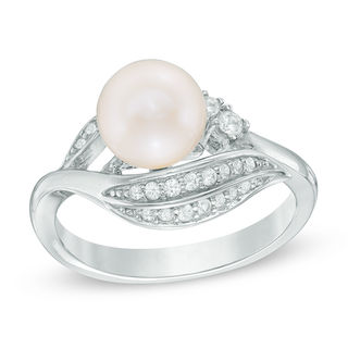 7.5-8.0mm Freshwater Cultured Pearl and Lab-Created White Sapphire Leaf Ring in Sterling Silver