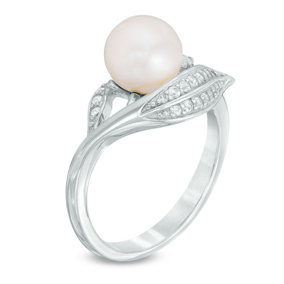 7.5-8.0mm Freshwater Cultured Pearl and Lab-Created White Sapphire Leaf Ring in Sterling Silver