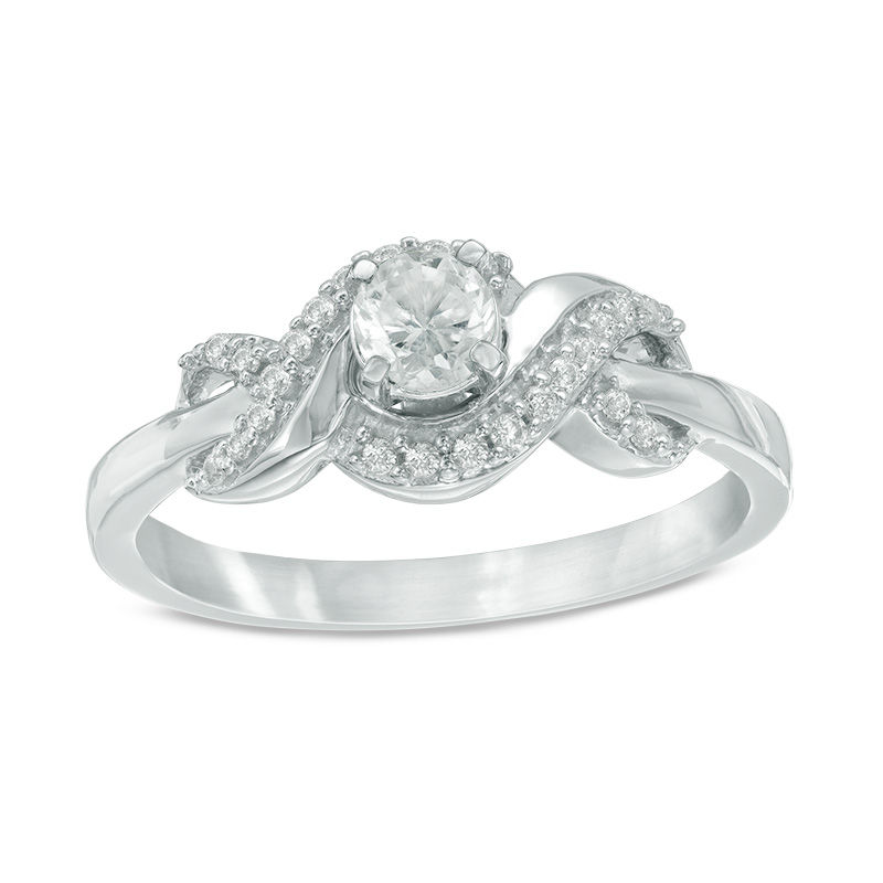 4.0mm Lab-Created White Sapphire and 0.09 CT. T.W. Diamond Infinity Frame Promise Ring in Sterling Silver|Peoples Jewellers