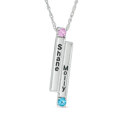 Couple's Simulated Birthstone Linear Double Bar Pendant in Sterling Silver (2 Stones and Names)