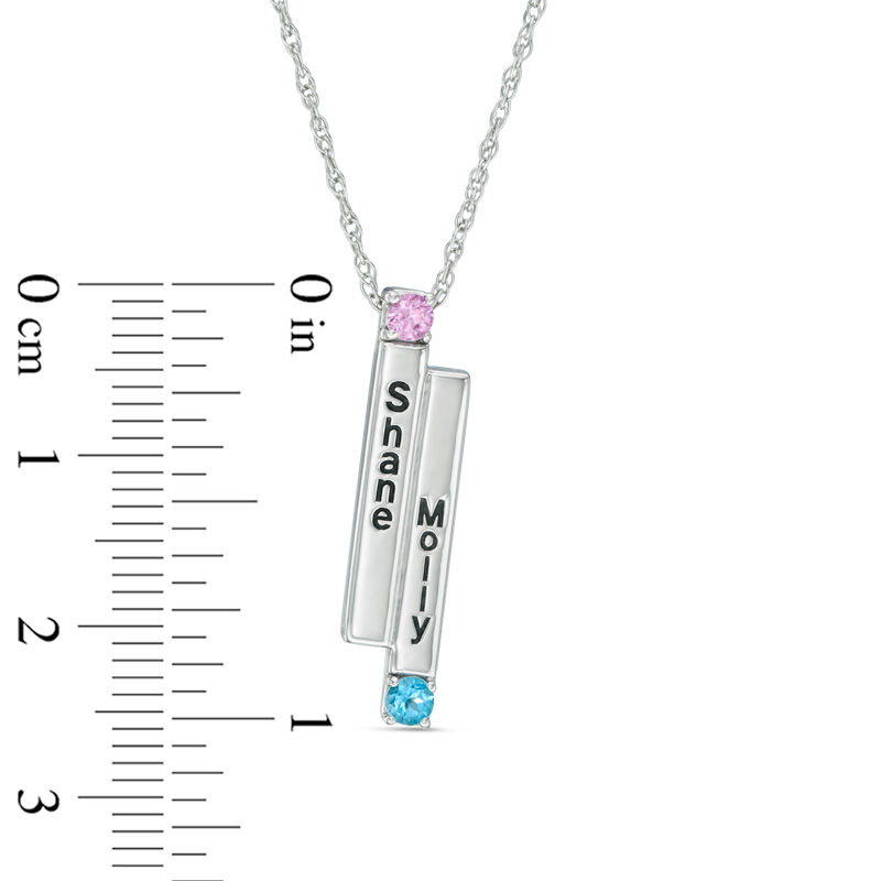 Couple's Simulated Birthstone Linear Double Bar Pendant in Sterling Silver (2 Stones and Names)|Peoples Jewellers