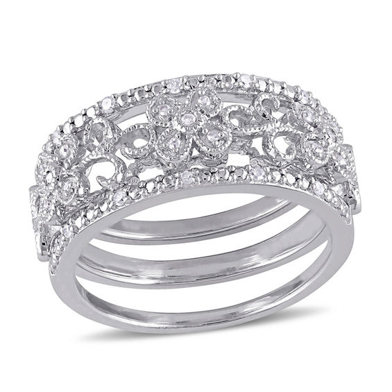 0.10 CT. T.W. Diamond Flower Filigree Three Piece Stackable Band Set in Sterling Silver