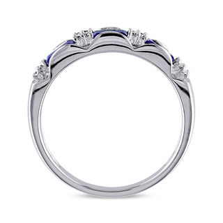 Baguette Blue Sapphire and Diamond Accent Three Stone Band in 10K White Gold