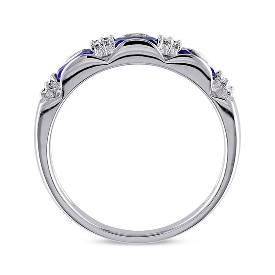 Baguette Blue Sapphire and Diamond Accent Three Stone Band in 10K White Gold