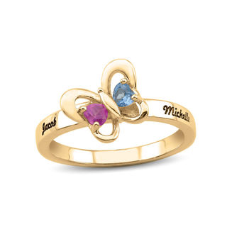 Couple's Heart-Shaped Simulated Birthstone Butterfly Ring in 10K White or Yellow Gold (2 Stones and Names)