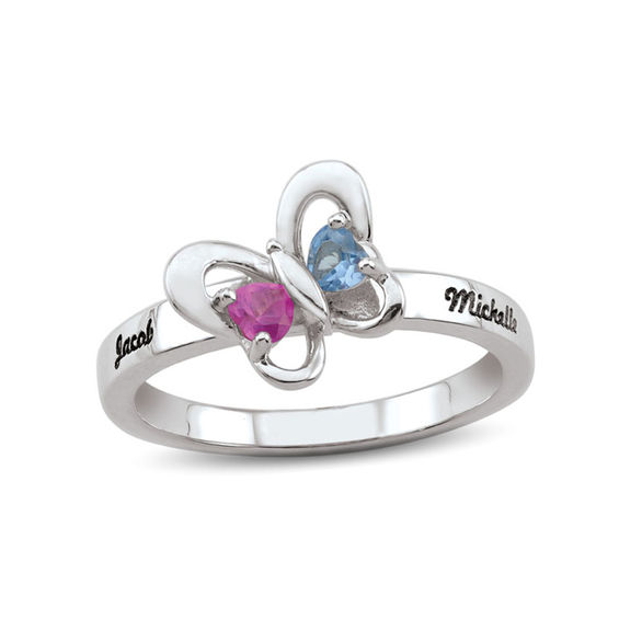 Couple's Heart-Shaped Simulated Birthstone Butterfly Ring in 10K White or Yellow Gold (2 Stones and Names)