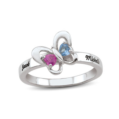 Couple's Heart-Shaped Birthstone Butterfly Ring in 10K White or Yellow Gold (2 Stones and Names)