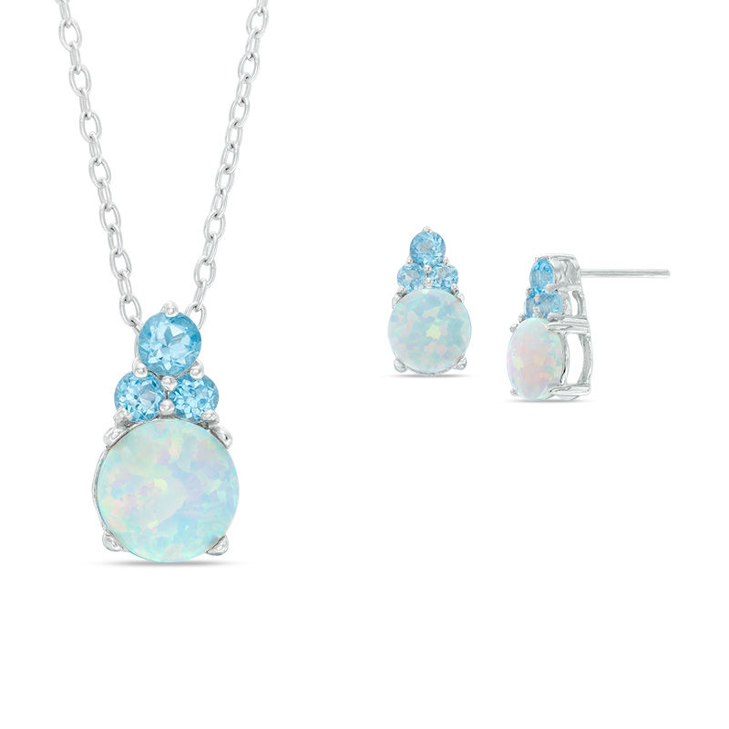 Lab-Created Opal and Swiss Blue Topaz Trio Pendant and Drop Earrings Set in Sterling Silver|Peoples Jewellers