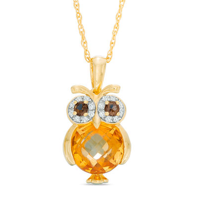 9.0mm Briolette Citrine, Smoky Quartz and Lab-Created White Sapphire Owl Pendant in Sterling Silver with 14K Gold Plate