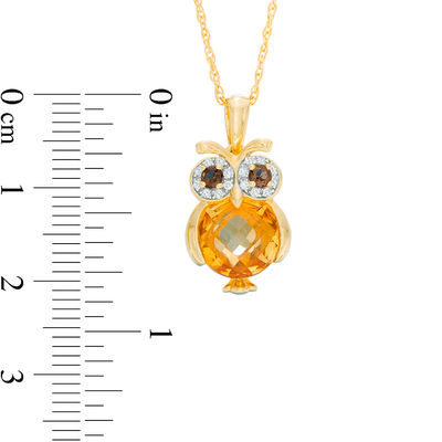 9.0mm Briolette Citrine, Smoky Quartz and Lab-Created White Sapphire Owl Pendant in Sterling Silver with 14K Gold Plate