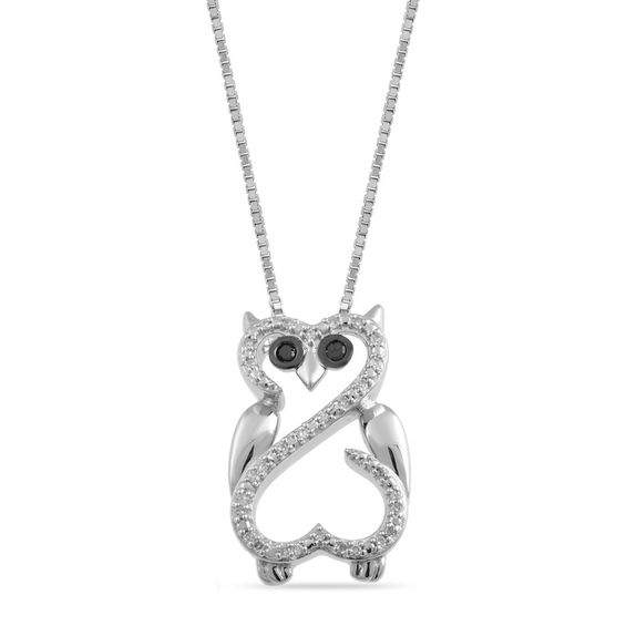 Open Hearts by Jane Seymour™ 0.07 CT. T.W. Enhanced Black and White Diamond Owl Pendant in Sterling Silver