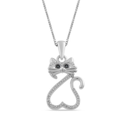 Open Hearts by Jane Seymour™ 0.07 CT. T.W. Enhanced Black and White Diamond Cat Pendant in Sterling Silver