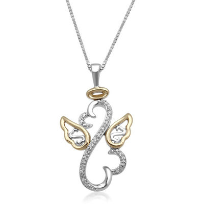 Open Hearts by Jane Seymour™ 0.04 CT. T.W. Diamond Angel Wings and Halo Pendant in Sterling Silver and 10K Gold