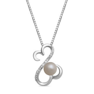 Open Hearts by Jane Seymour™ 5.0mm Freshwater Cultured Pearl and 0.04 CT. T.W. Diamond Pendant in Sterling Silver