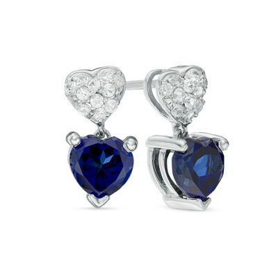 6.0mm Lab-Created Blue and White Sapphire Double Heart Drop Earrings in Sterling Silver