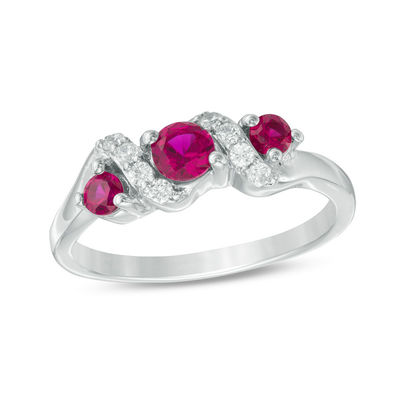 4.0mm Lab-Created Ruby and 0.11 CT. T.W. Diamond Overlay Three Stone Ring in Sterling Silver