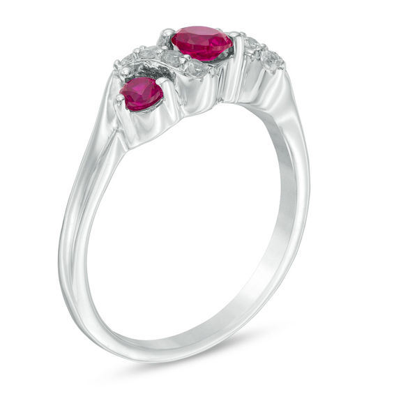 4.0mm Lab-Created Ruby and 0.11 CT. T.W. Diamond Overlay Three Stone Ring in Sterling Silver