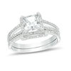 6.0mm Princess-Cut Lab-Created White Sapphire and 0.25 CT. T.W. Diamond Frame Split Shank Bridal Set in 10K White Gold