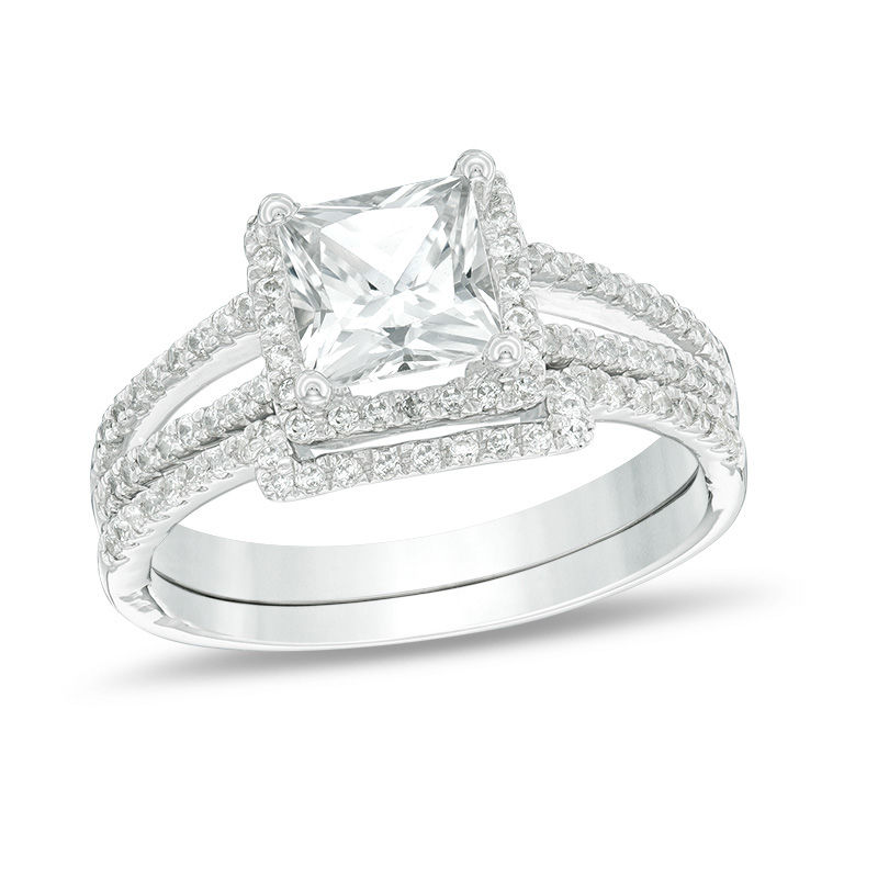 6.0mm Princess-Cut Lab-Created White Sapphire and 0.25 CT. T.W. Diamond Frame Split Shank Bridal Set in 10K White Gold|Peoples Jewellers