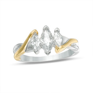 Marquise Lab-Created White Sapphire Three Stone Engagement Ring in Sterling Silver and 10K Gold