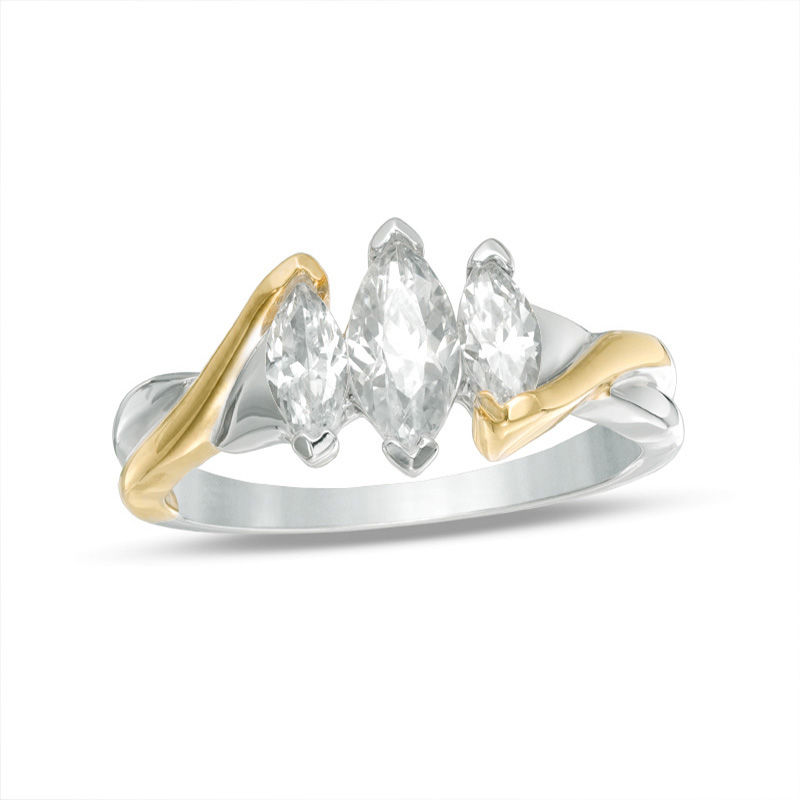 Marquise Lab-Created White Sapphire Three Stone Engagement Ring in Sterling Silver and 10K Gold|Peoples Jewellers