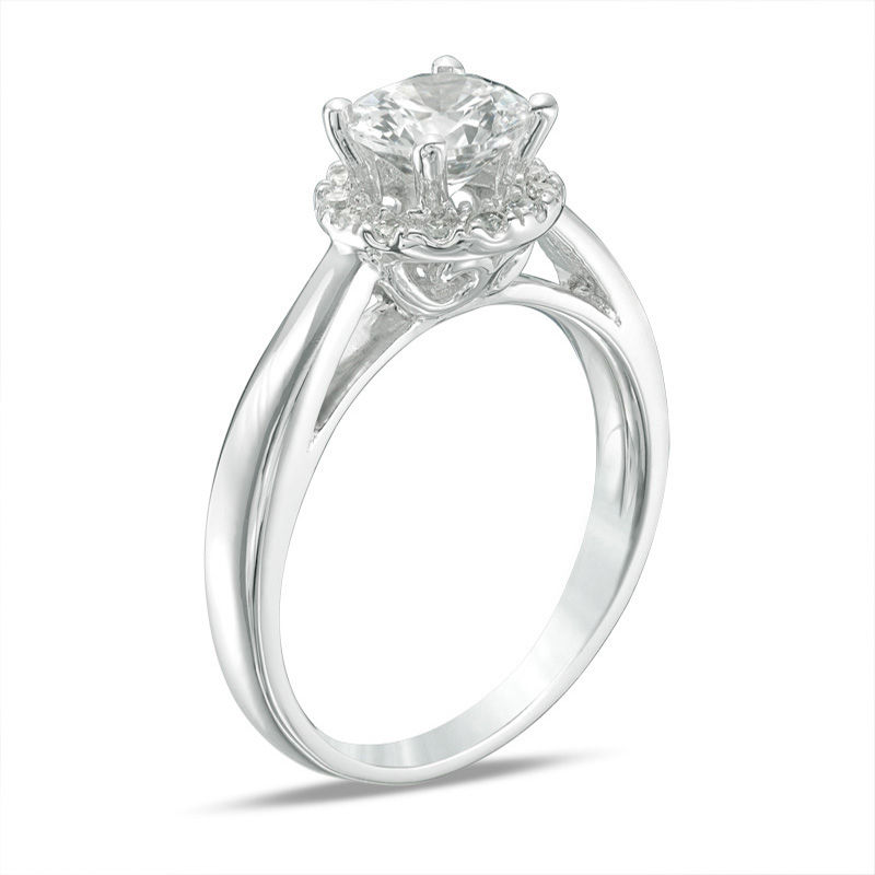6.0mm Lab-Created White Sapphire and 0.11 CT. T.W. Diamond Frame Engagement Ring in 10K White Gold|Peoples Jewellers