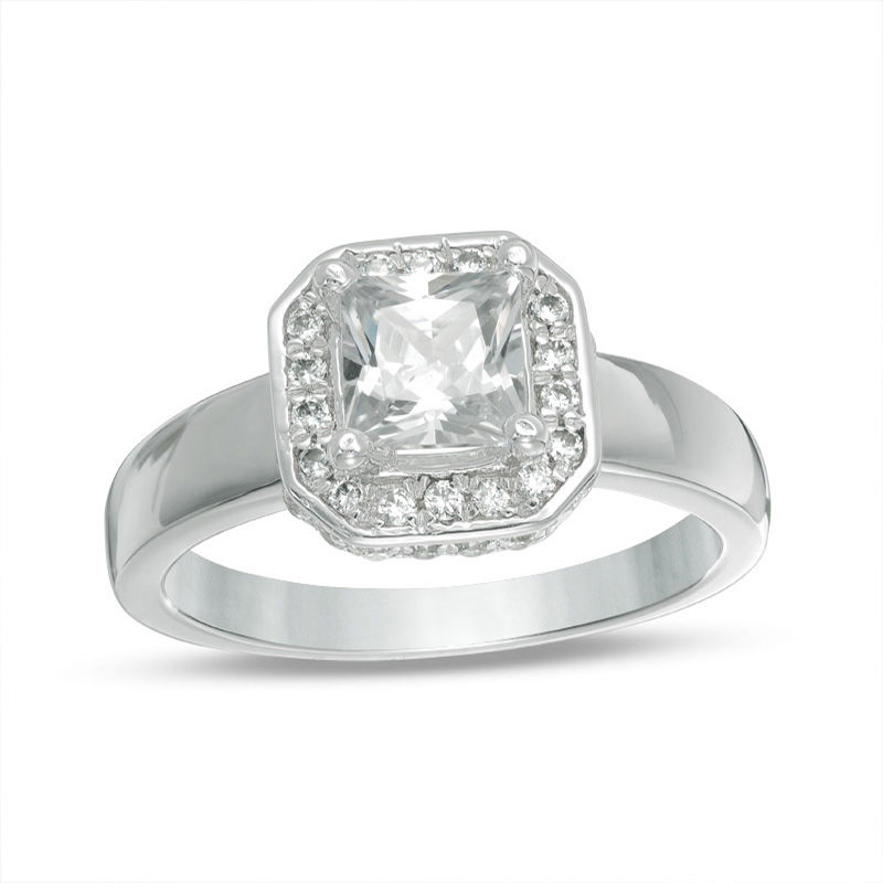 6.5mm Cushion-Cut Lab-Created White Sapphire and 0.23 CT. T.W. Diamond Octagonal Frame Engagement Ring in 10K White Gold|Peoples Jewellers