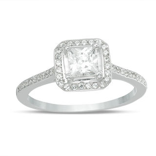 4.3mm Princess-Cut Lab-Created White Sapphire and 0.15 CT. T.W. Diamond Frame Engagement Ring in 10K White Gold