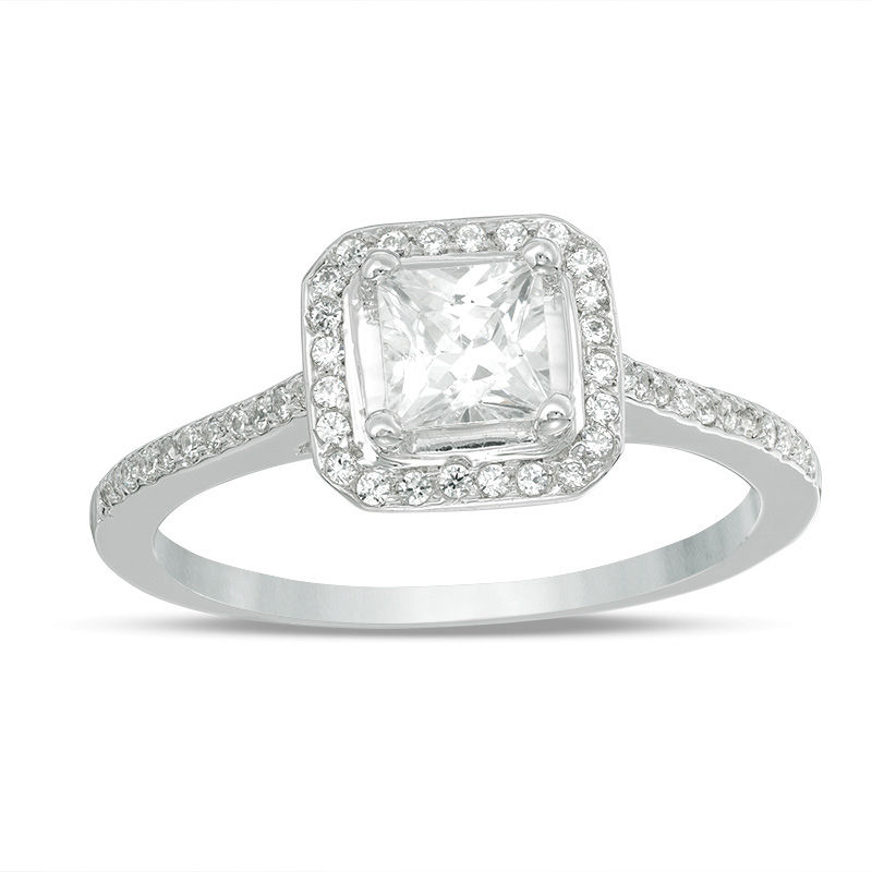 4.3mm Princess-Cut Lab-Created White Sapphire and 0.15 CT. T.W. Diamond Frame Engagement Ring in 10K White Gold|Peoples Jewellers