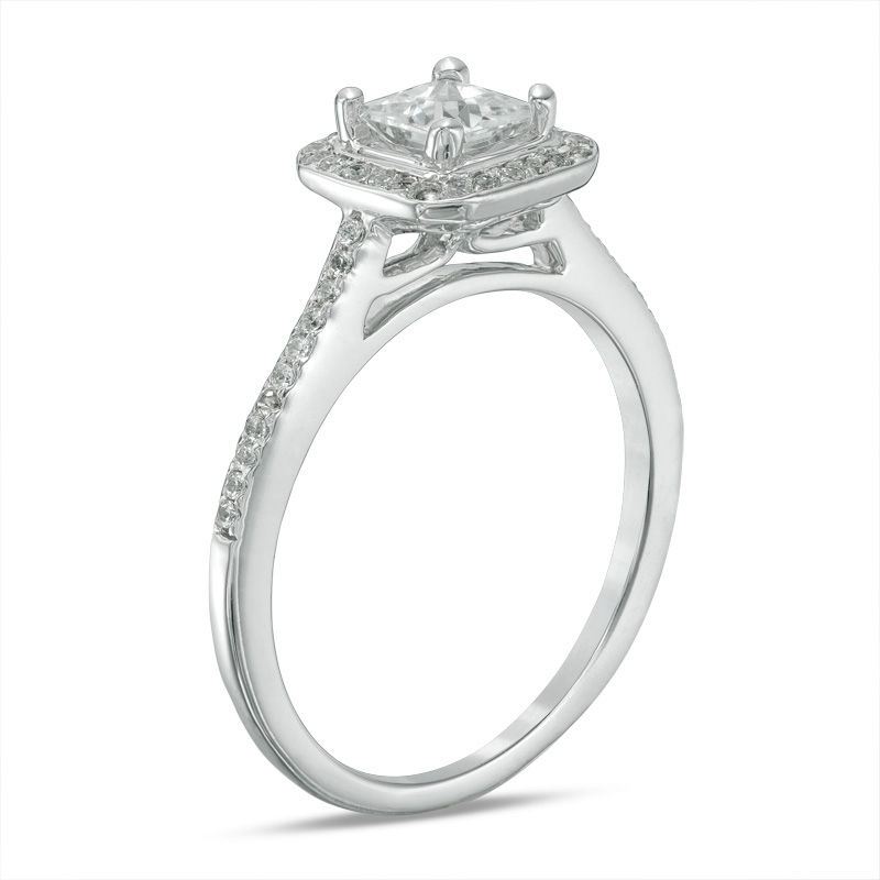4.3mm Princess-Cut Lab-Created White Sapphire and 0.15 CT. T.W. Diamond Frame Engagement Ring in 10K White Gold