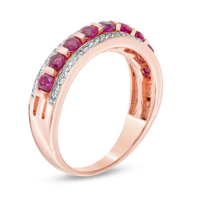 Lab-Created Ruby and 0.18 CT. T.W. Diamond Edge Band in 10K Rose Gold