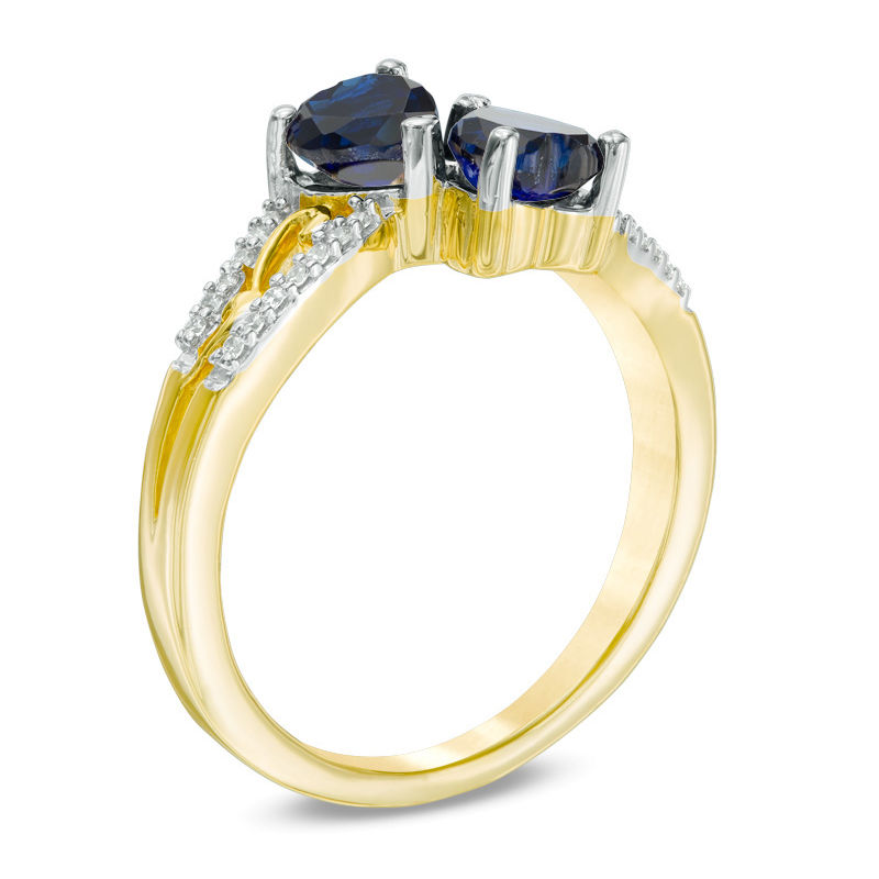 Main Image 2 of 5.0mm Heart-Shaped Lab-Created Blue Sapphire and Diamond Accent Mirrored Split Shank Scroll Ring in 10K Gold