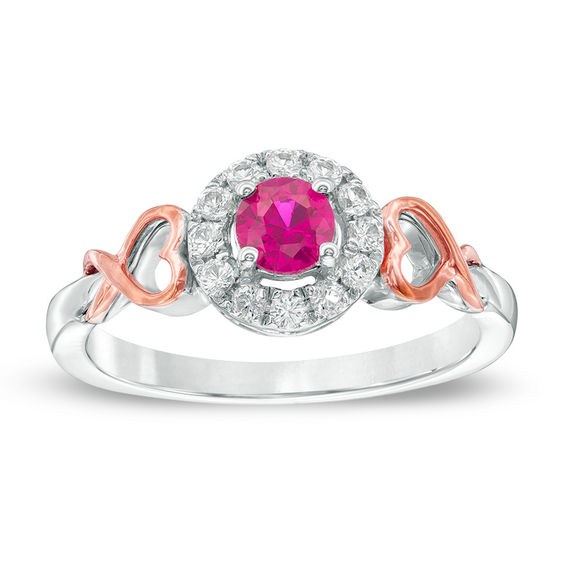 4.3mm Lab-Created Ruby and White Sapphire Frame Heart-Shaped Ribbon Ring in Sterling Silver and 10K Rose Gold