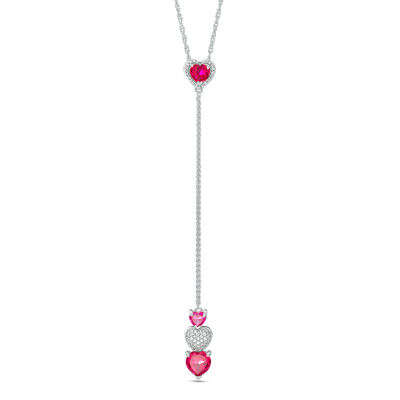 Heart-Shaped Lab-Created Ruby and 0.09 CT. T.W. Diamond "Y" Necklace in Sterling Silver - 24"