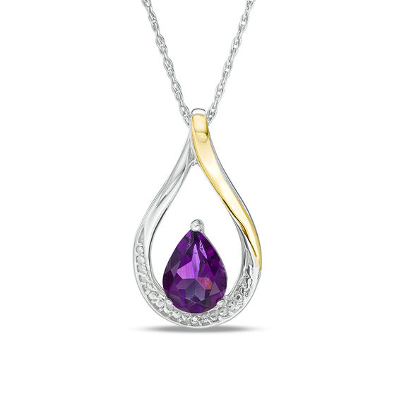 Pear-Shaped Amethyst and Diamond Accent Teardrop Pendant in Sterling Silver and 10K Gold