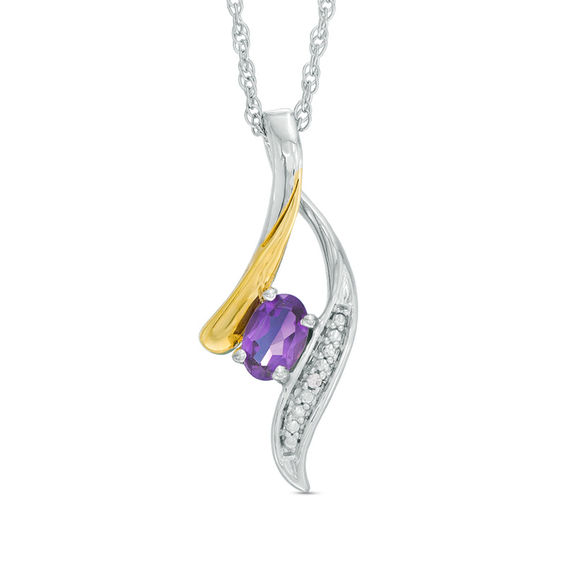 Oval Amethyst and Diamond Accent Abstract Wishbone Pendant in Sterling Silver and 10K Gold