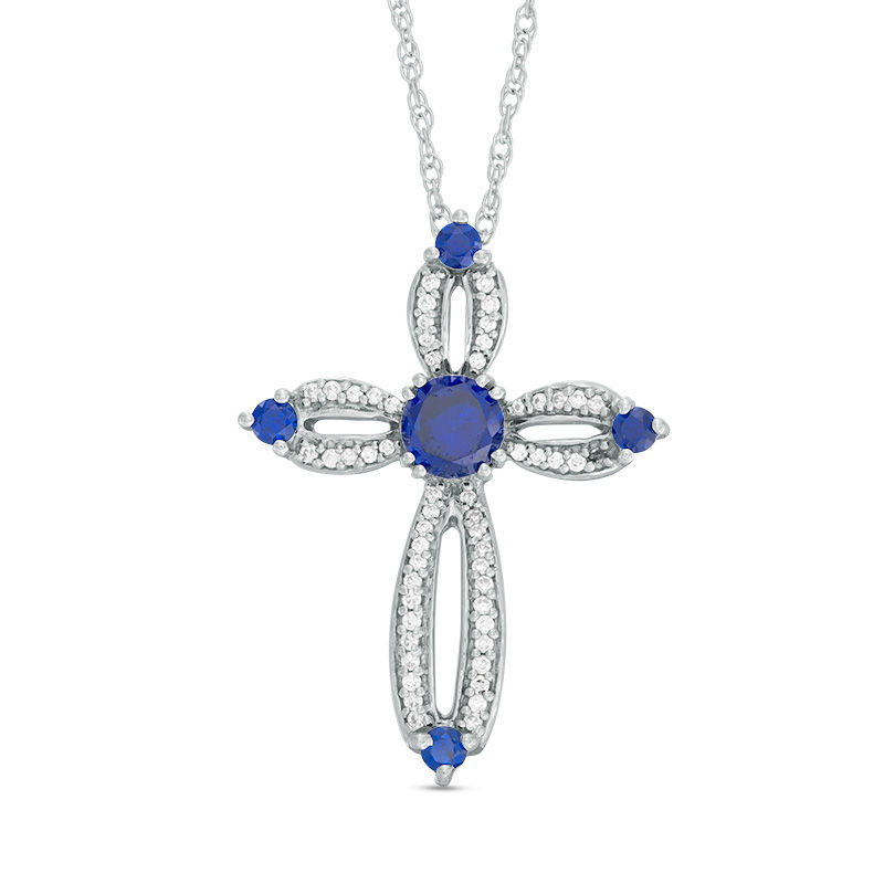 5.0mm Lab-Created Blue Sapphire and 0.18 CT. T.W. Diamond Loop Cross Pendant in Sterling Silver|Peoples Jewellers