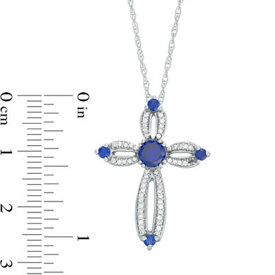 5.0mm Lab-Created Blue Sapphire and 0.18 CT. T.W. Diamond Loop Cross Pendant in Sterling Silver