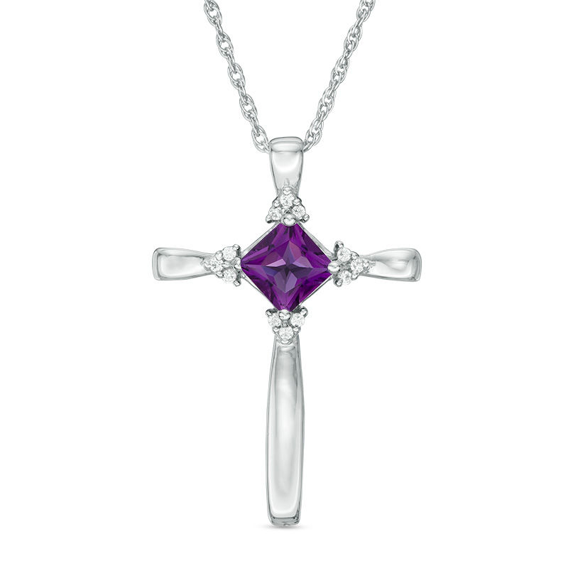 5.0mm Princess-Cut Amethyst and Diamond Accent Tri-Sides Cross Pendant in Sterling Silver|Peoples Jewellers