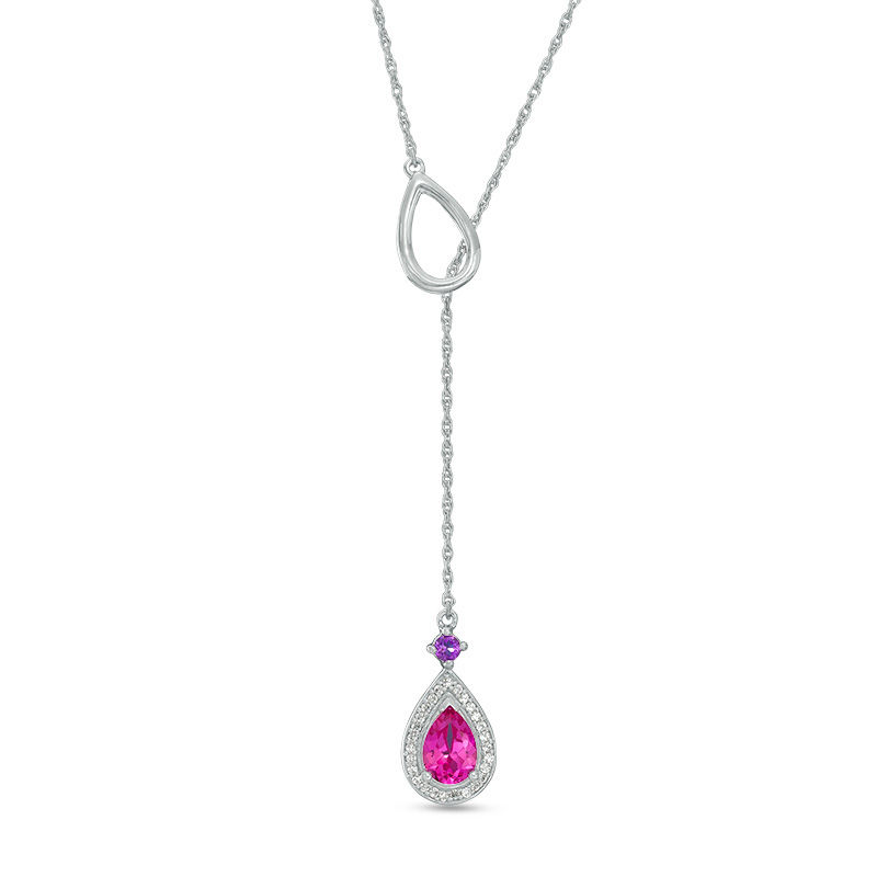 Pear-Shaped Lab-Created Pink Sapphire, Amethyst and 0.09 CT. T.W. Diamond Frame Lariat Necklace in Sterling Silver|Peoples Jewellers