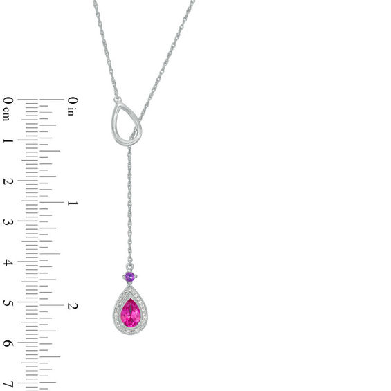 Pear-Shaped Lab-Created Pink Sapphire, Amethyst and 0.09 CT. T.W. Diamond Frame Lariat Necklace in Sterling Silver