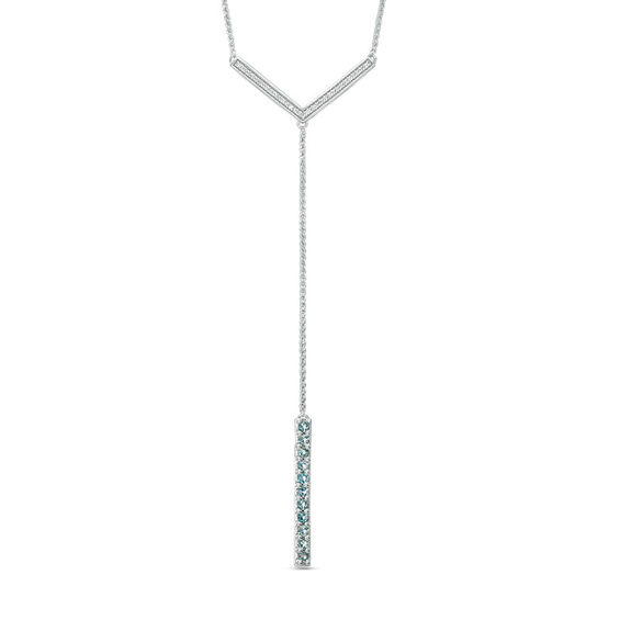 Aquamarine and 0.09 CT. T.W. Diamond Linear Bar "Y" Necklace in Sterling Silver - 21"