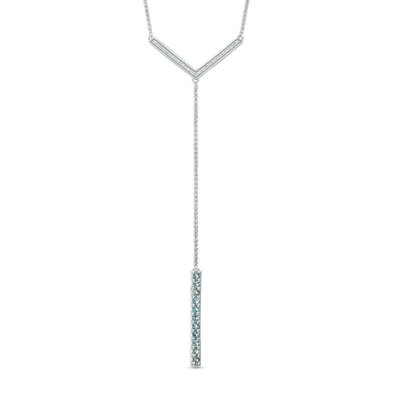 Aquamarine and 0.09 CT. T.W. Diamond Linear Bar "Y" Necklace in Sterling Silver - 21"|Peoples Jewellers