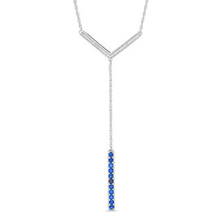 Lab-Created Blue Sapphire and 0.09 CT. T.W. Diamond Linear Bar "Y" Necklace in Sterling Silver - 21"