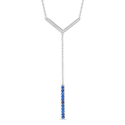 Lab-Created Blue Sapphire and 0.09 CT. T.W. Diamond Linear Bar "Y" Necklace in Sterling Silver - 21"