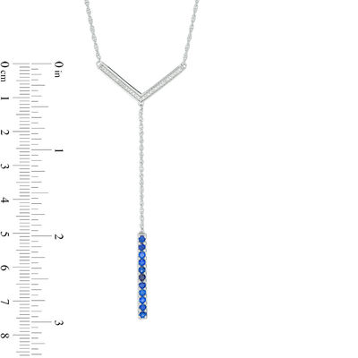 Lab-Created Blue Sapphire and 0.09 CT. T.W. Diamond Linear Bar "Y" Necklace in Sterling Silver - 21"