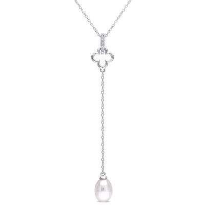 8.0-8.5mm Baroque Freshwater Cultured Pearl and White Topaz Clover "Y" Pendant in Sterling Silver