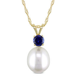 8.0-8.5mm Baroque Freshwater Cultured Pearl and Blue Sapphire Pendant in 14K Gold-17&quot;