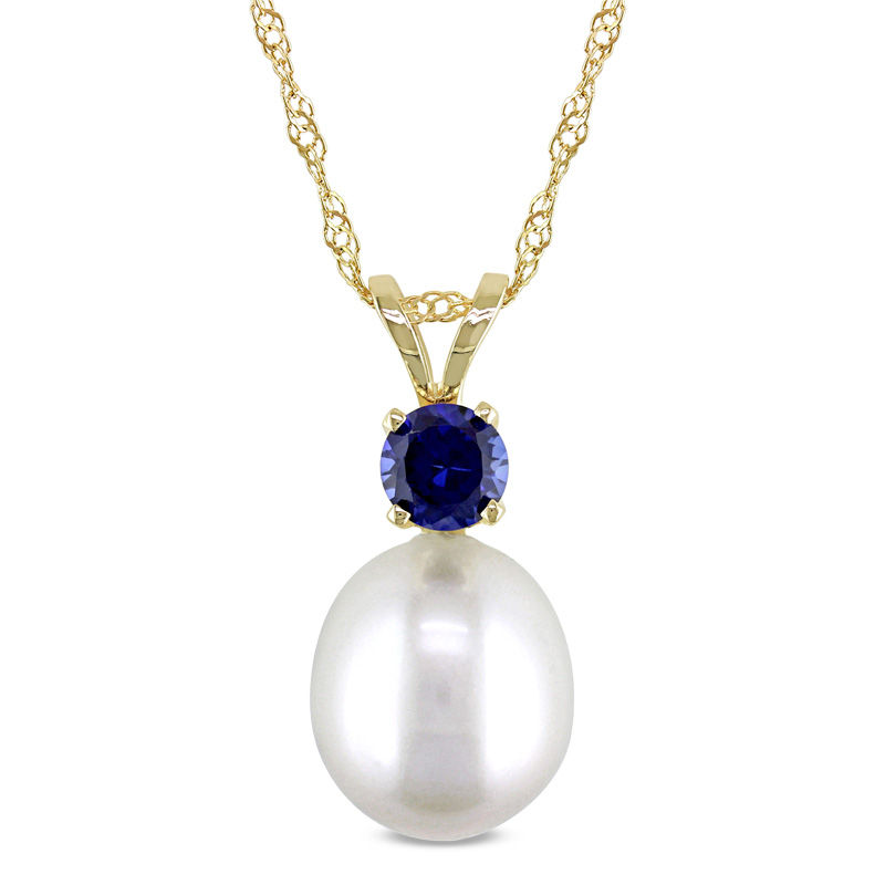 8.0-8.5mm Baroque Freshwater Cultured Pearl and Blue Sapphire Pendant in 14K Gold-17"|Peoples Jewellers